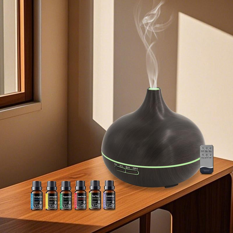 550Ml Aromatherapy Diffuser with 6 Essential Oils Wood Grain Ultrasonic Humidifier, Remote Control & 7 Color LED Light Ideal for Christmas, Birthday & Housewarming Air Purifier