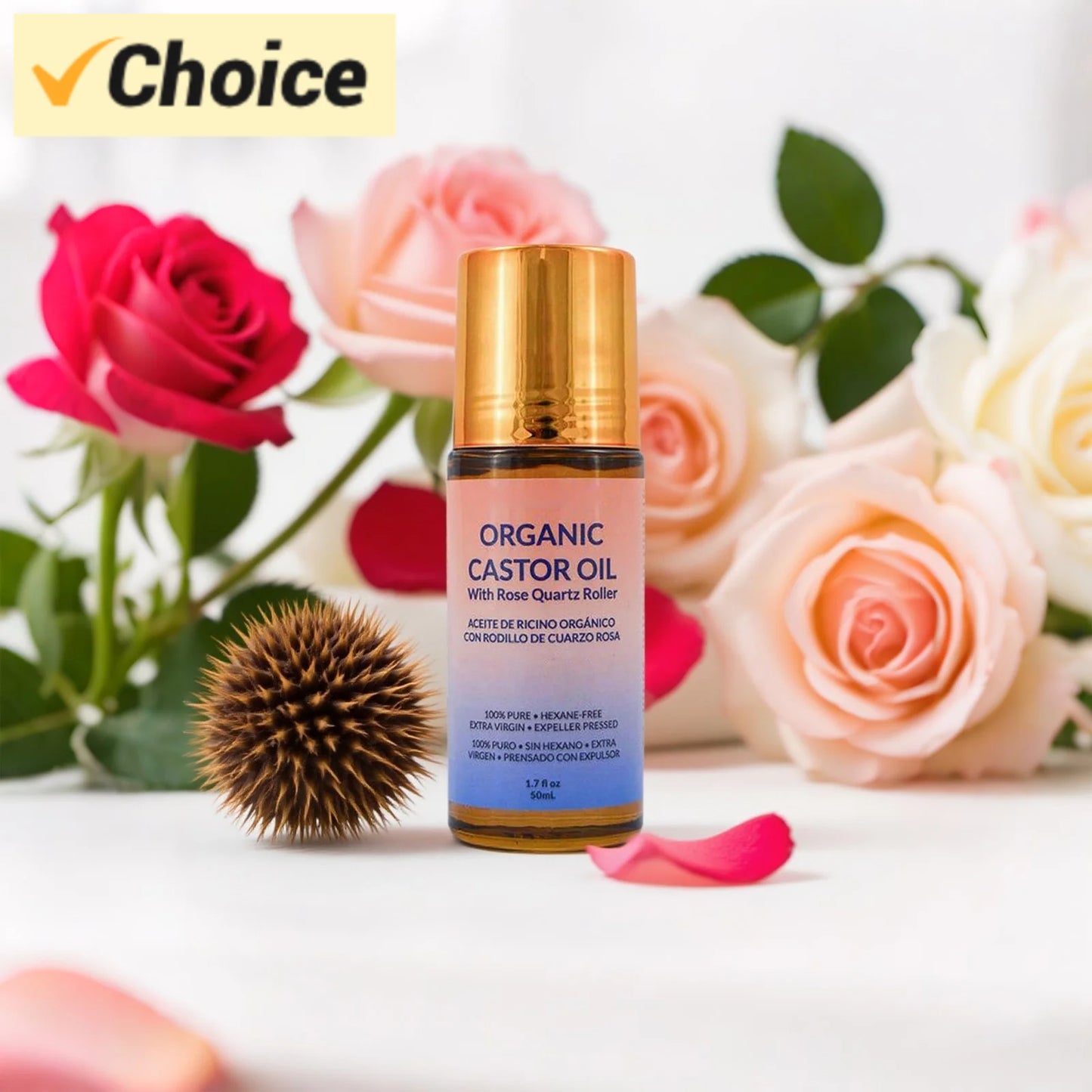 50Ml Organic Golden Castor Oil Roll-On with Rose Quartz | 100% Pure for Skin, Brows & Lashes and Less Mess Castor Oil Packs