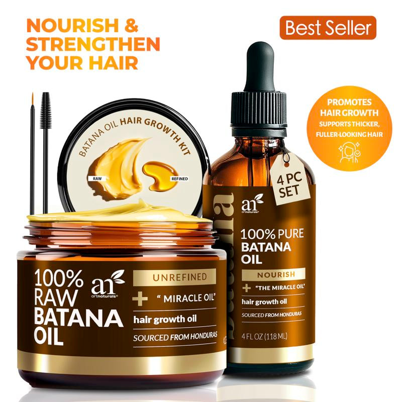 Artnaturals Batana Oil for Hair Renewal– 4Pc Set: Raw Batana Oil 4Oz + 4.2Oz Paste, Lash Wand & Brow Brush– Organic Dr. Sebi Inspired Products from Honduras –100% Unrefined Miracle for Scalp, Edges & Eyebrows Haircare